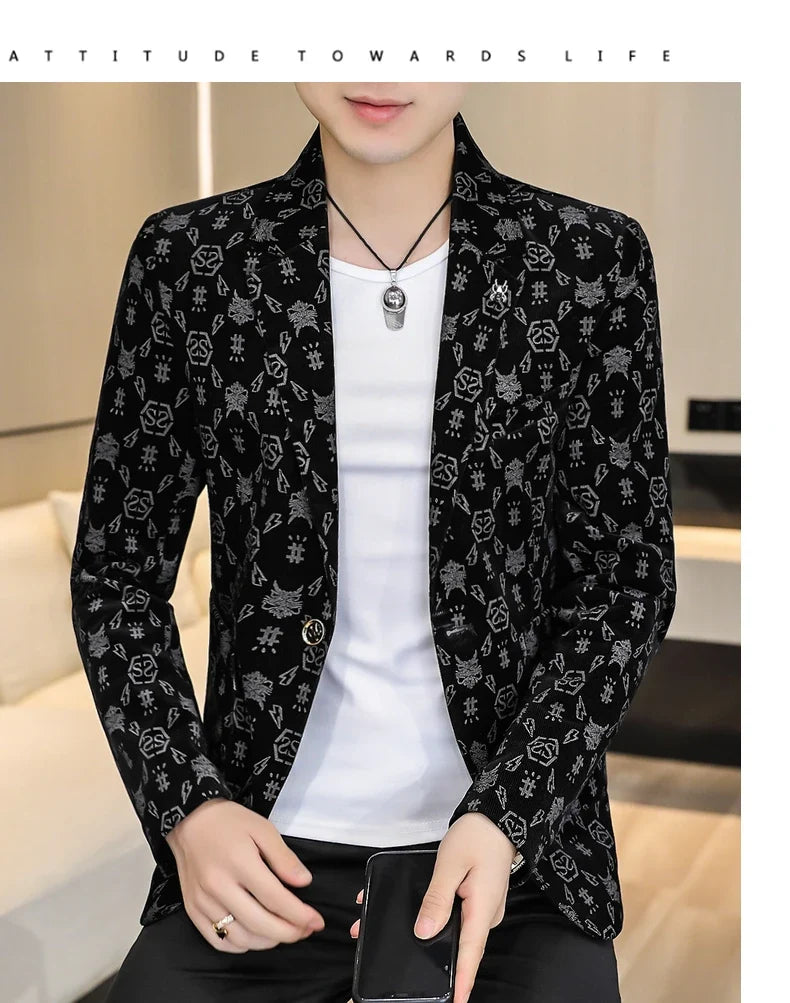 Blazer New Men's Fashion Corduroy Business Gentleman Slim Letter English Style Outdoor Performance Wedding Banquet Casual Blazer