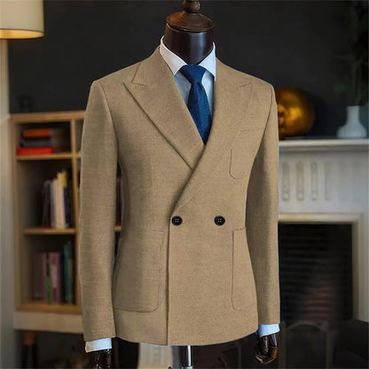 Classic Men Linen Blend Suit Blazer Double Breasted Peak Lapel Man Formal Jacket  Business Slim Fit Lightweight Coat For Wedding