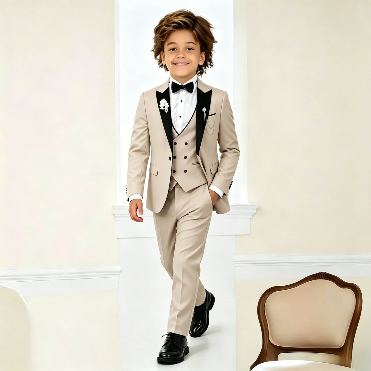 Beige Boys Suit Jacket Vest Pants Set Peaked Lapel Blazer Wedding Tuxedos for Kids Party Stage Dress Child Formal Suit