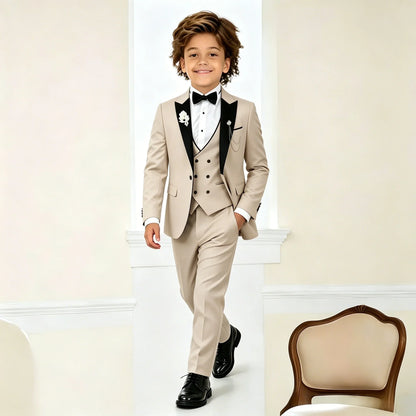 Beige Boys Suit Jacket Vest Pants Set Peaked Lapel Blazer Wedding Tuxedos for Kids Party Stage Dress Child Formal Suit