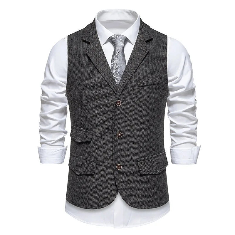 Men's Waistcoat Herringbone Tweed Slim Fit Wool Blend Formal Vest for Wedding
