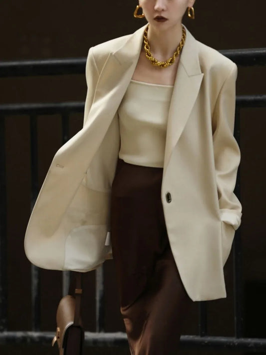 Spring Autumn Elegant Ladies Versatile Spring Mid Long Notched Single Breasted Blazer Belt Jacket Loose Women Casual Suit Jacket