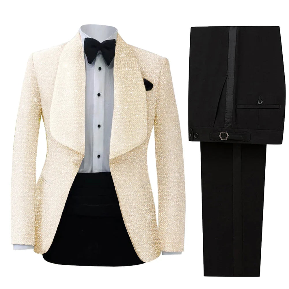 Men's Suit 2 Pieces Velvet Blazer Black Pants One Button Wide Lapel Business Beads Formal Work Wear Wedding Groom Costume Homme