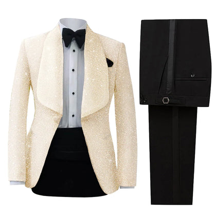 Men's Suit 2 Pieces Velvet Blazer Black Pants One Button Wide Lapel Business Beads Formal Work Wear Wedding Groom Costume Homme