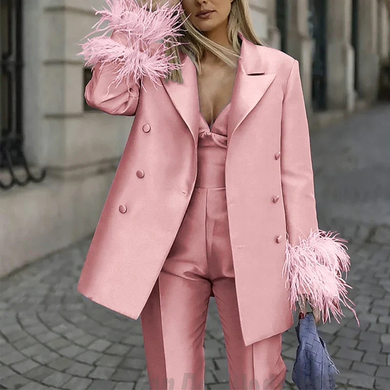 Classic Satin Women's Suit Set 2 Piece Exquisite Feather Double Breasted Jacket With Pants Evening Party Luxury Trouser Suits