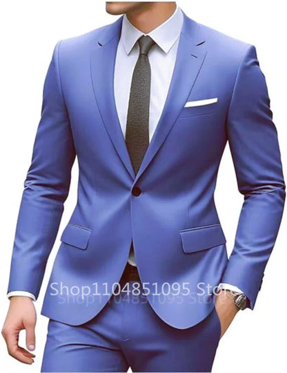 New Solid Slim Fit 2 Piece Wedding Men Suits Groom Tuxedos Formal Suit for Prom Party Busienss Best Man Notch Lapel Blazer Pants