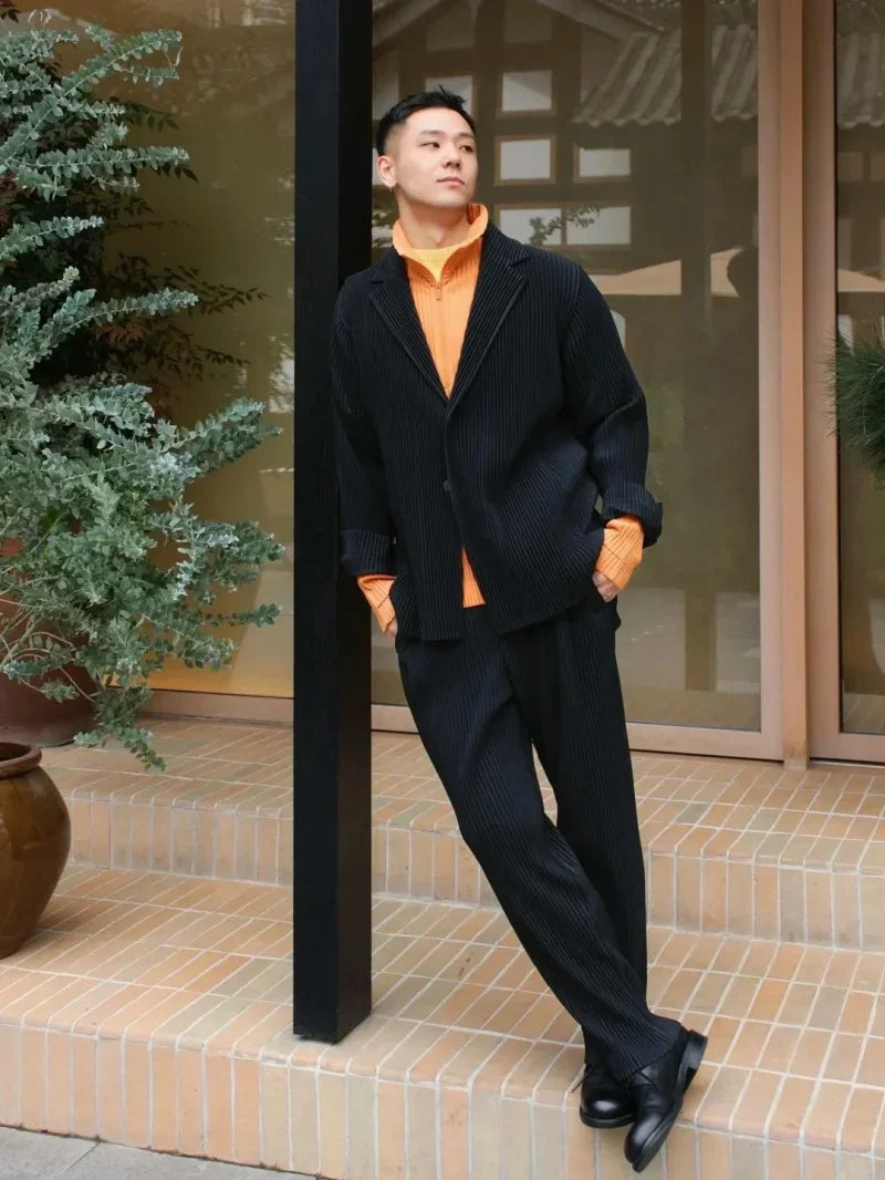 Miyake Pleated Men's Blazer Jacket Japanese Style Slim Fit Suit Coat Stretch Business Casual Office Fashion Luxury Wrinkle Free