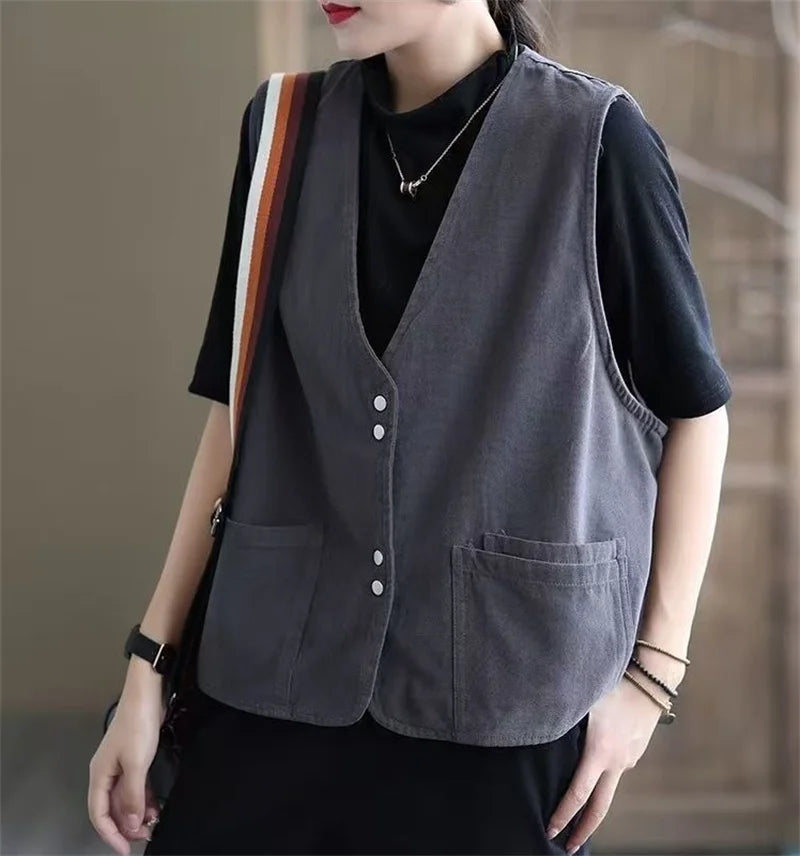 Korean Ladies Solid Color Casual Sleeveless Jacket Autumn Women V-neck Loose Waistcoat Coat Spring Female Fashion Vest Outwear
