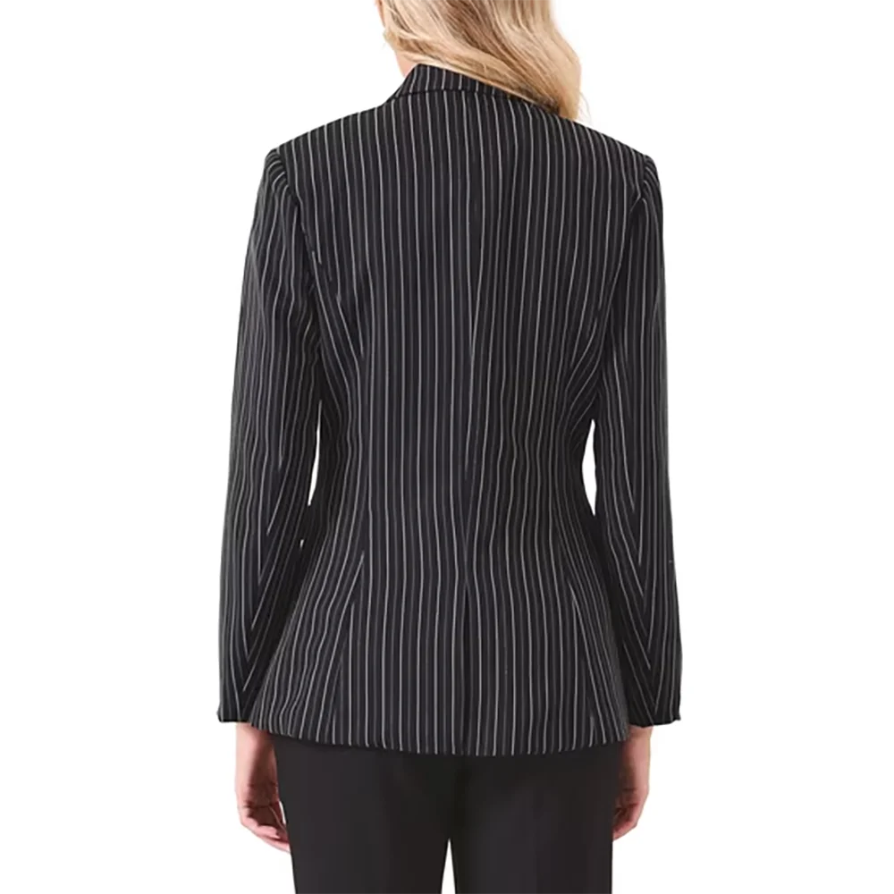 Mature Intellectual Women Black Pinstripe Suit Elegant Double Breasted Blazer Vest Flare Pants Office Business Formal Outfit