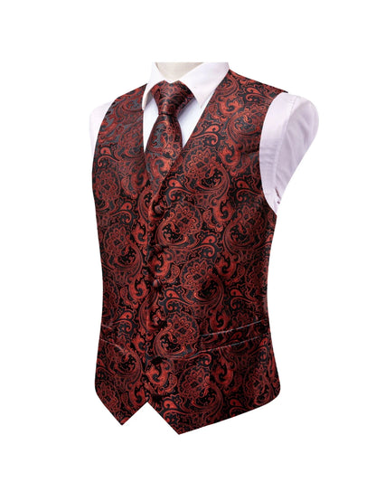 Men's Double Breasted Suit Vest Set Red Paisley Floral Jacquard Waistcoat with Tie and Pocket Square for Formal Occasions