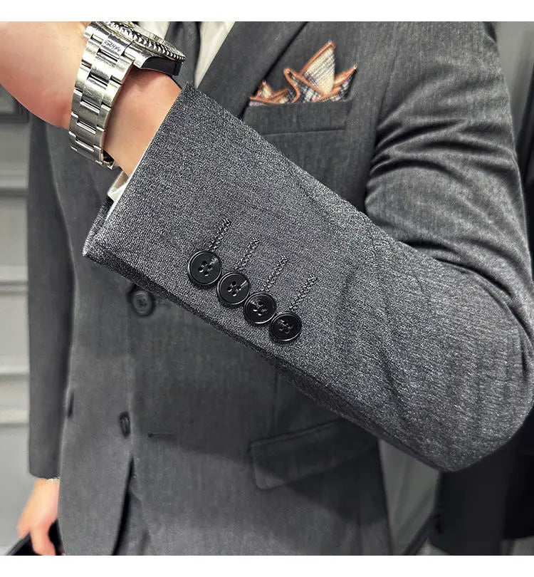 Men's 3 Piece Suit Set Double‑Button Slim Fit Solid Color Business Casual Wedding Party Jacket Vest Pants Formal Outfit for Men