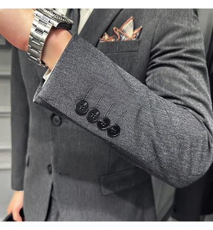 Men's 3 Piece Suit Set Double‑Button Slim Fit Solid Color Business Casual Wedding Party Jacket Vest Pants Formal Outfit for Men