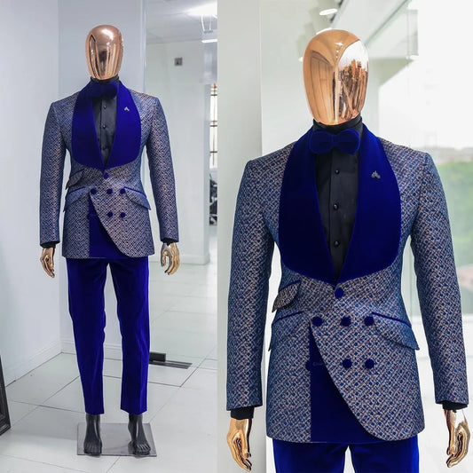 Luxury Men's Suit 2 Pieces Jacquard Blazer Pants One Button Velvet Wide Lapel Formal Business Slim Wedding Groom Costume Homme