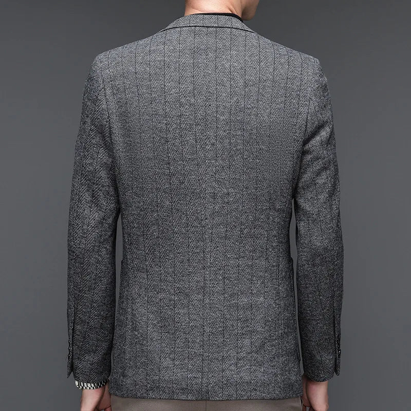 KIDWHXR Man Suit Coat Non-ironing Striped Turn Down Collar Male Outerwear Slim Long Sleeve Pocket Business Casual Men Blazer
