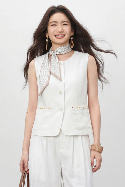Women's White Vest Blazer 2026 Summer Round Neck Slim Thin Simple Versatile Top Ladies Commute Outfit Q62JA7390