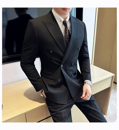 Men's Double Breasted Suit Set – Slim Fit Blazer, Vest & Pants for Wedding & Business