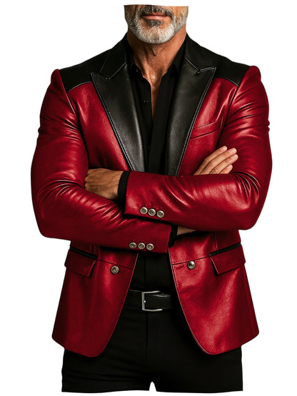 Men's PU Leather Blazer Patchwork Double Breasted Flap Pockets Notched Lapel Slim Fit Business Casual Suit Jacket Male Outerwear