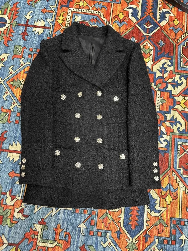 Double Breasted Office Ladies Elegant Black Tweed Jacket Mid Length Fashion Coat Spring Autumn Lapel Straight Women Suit Jacket