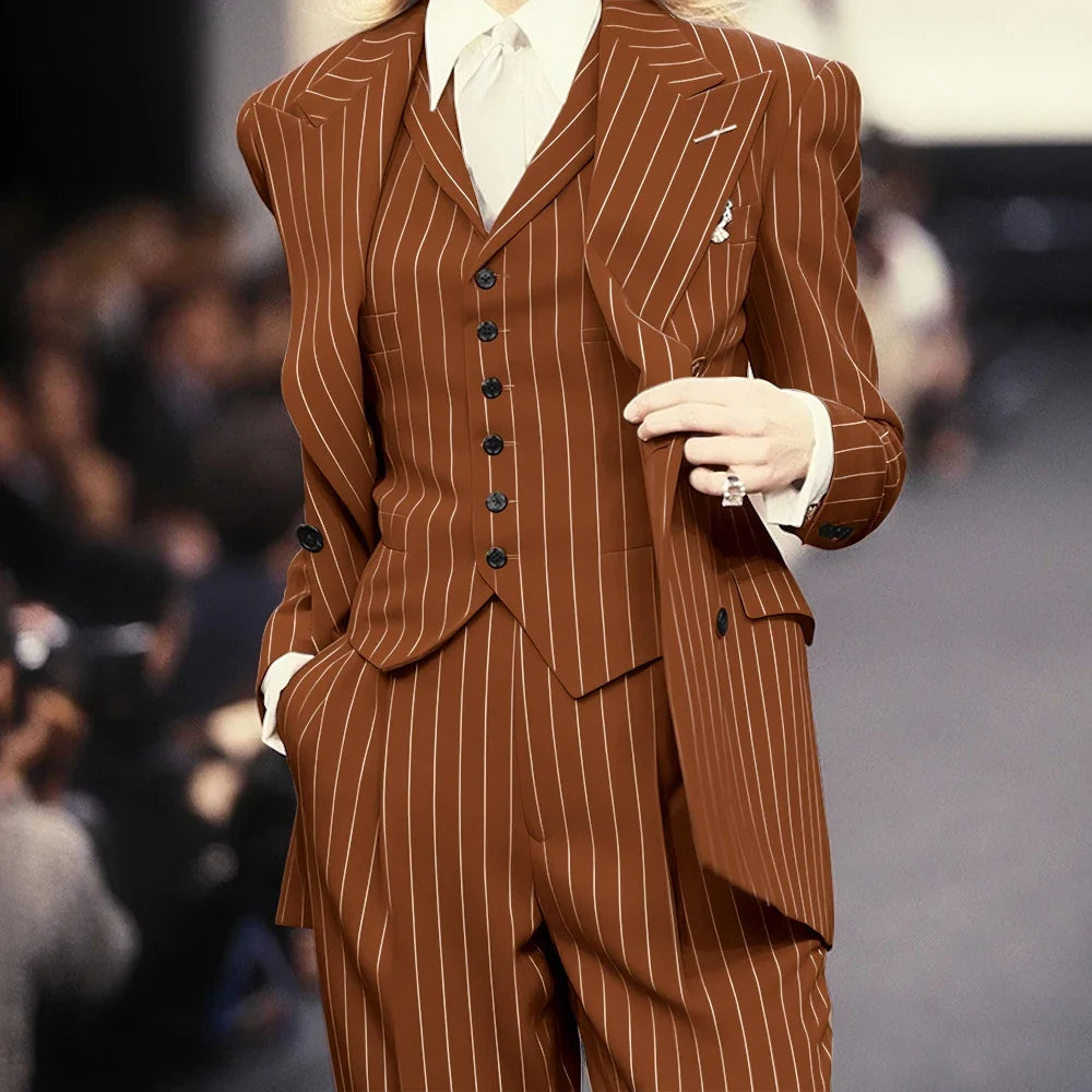 Trending 2025 Brown Striped Women Suit Formal Double-breasted Peaked Lapel 3Pieces (Jacket+Pants+Vest) Business Office Lady Set