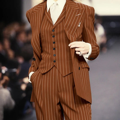Trending 2025 Brown Striped Women Suit Formal Double-breasted Peaked Lapel 3Pieces (Jacket+Pants+Vest) Business Office Lady Set