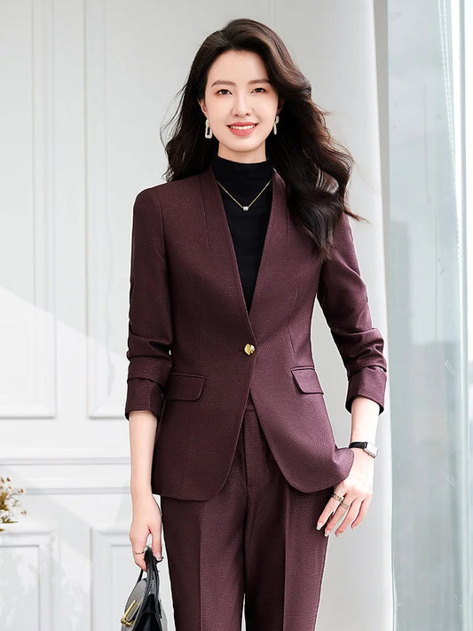 Solid Two Piece Sets Women Outifits 2024 Office Ladies Casual V Neck Single Button Blazer Office Lady Pencil Pant Suits