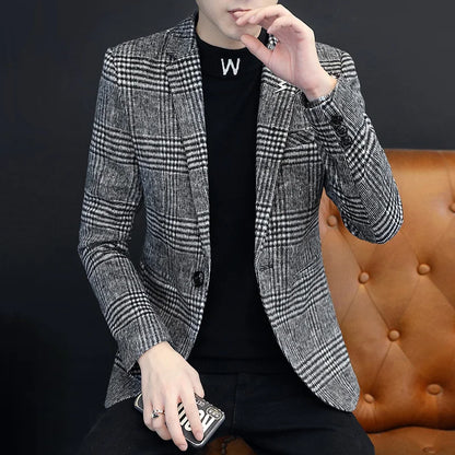 Men's Plaid Blazer Smart Casual Single Breasted Khaki Gray Autumn Office Jacket