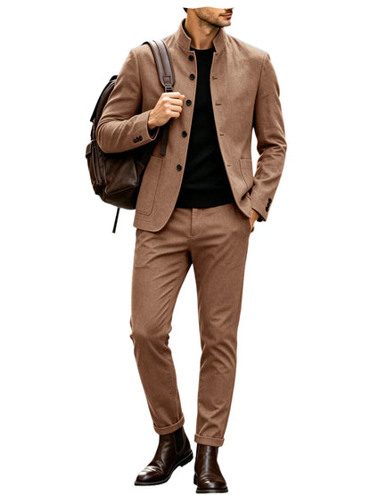 Men Stand Collar Linen Blazer Set Slim Fit 2 Pieces Jacket Pants Breathable Wrinkle‑Resistant Vintage Casual Business Outerwear