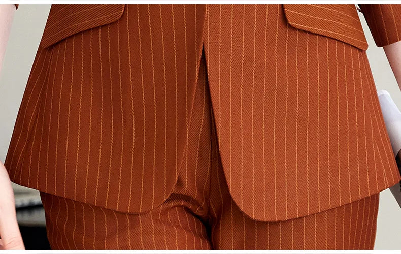 Caramel Green Striped Ladies Pant Suit 2025 Autumn Women Business Work Wear Single Button Jacket and Trouser Blazer 2 Piece Set