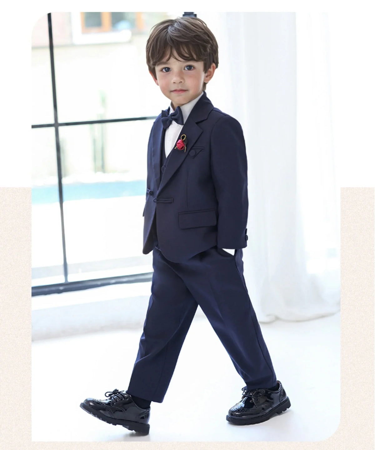 Gentleman Boys 5Pieces Formal Wedding Suit Set With Jacket Vest Pants Bowtie Brooch Kids Birthday Piano Performance Costume