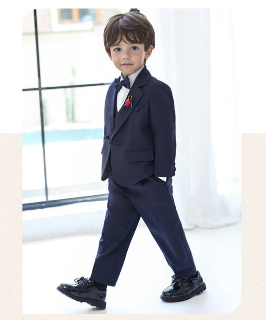 Gentleman Boys 5Pieces Formal Wedding Suit Set With Jacket Vest Pants Bowtie Brooch Kids Birthday Piano Performance Costume