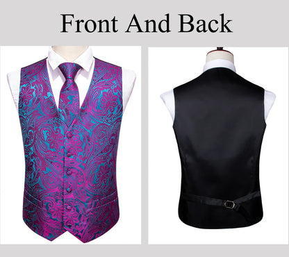Men's Waistcoat Purple Embroidered Silk Vest with Tie and Pocket Square for Weddings and Formal Events