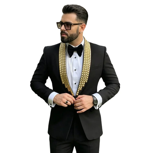 Modern Men's Suits Tuxedo Beads Sheer Lapel 2 Pieces Blazer Pants Business Formal Work Wedding Groom Customized Costume Homme