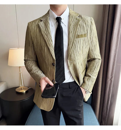 Korean Trend 3D Pleated Suit Jacket for Men Wedding Groom Business Dress Jacket Casual Banquet Party Host Blazer Masculino