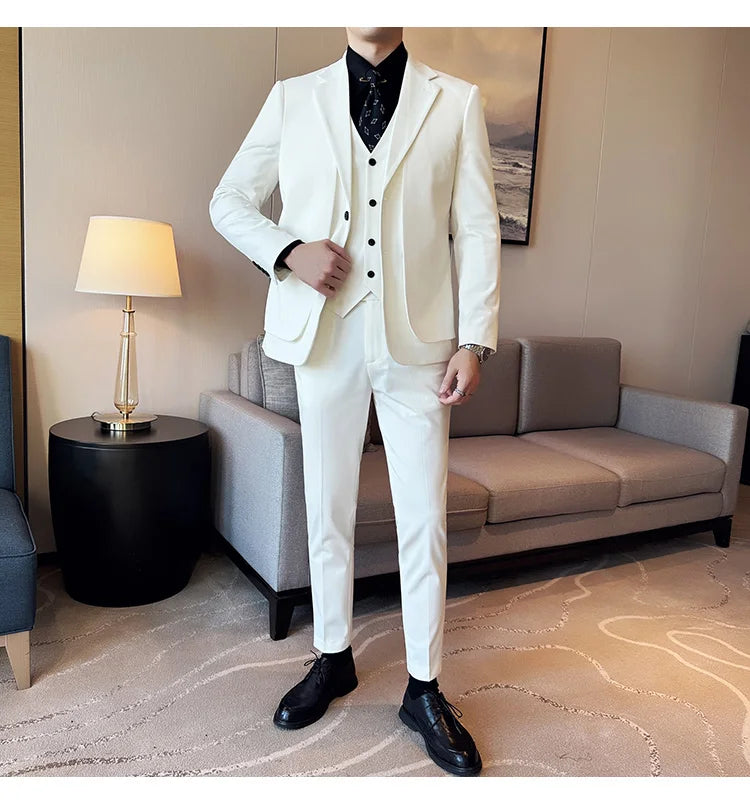 British Style Fake Two-piece Suit Set Men's Wedding Groom Dress 3 Piece Set Suit Vest Trousers Slim Office Business Casual Suits