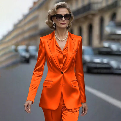 Women's Gold Satin Blazer Suit Set Stylish Single-Breasted Jacket+Pants Luxe Shiny Two-piece for Cocktail Party Wedding Guest