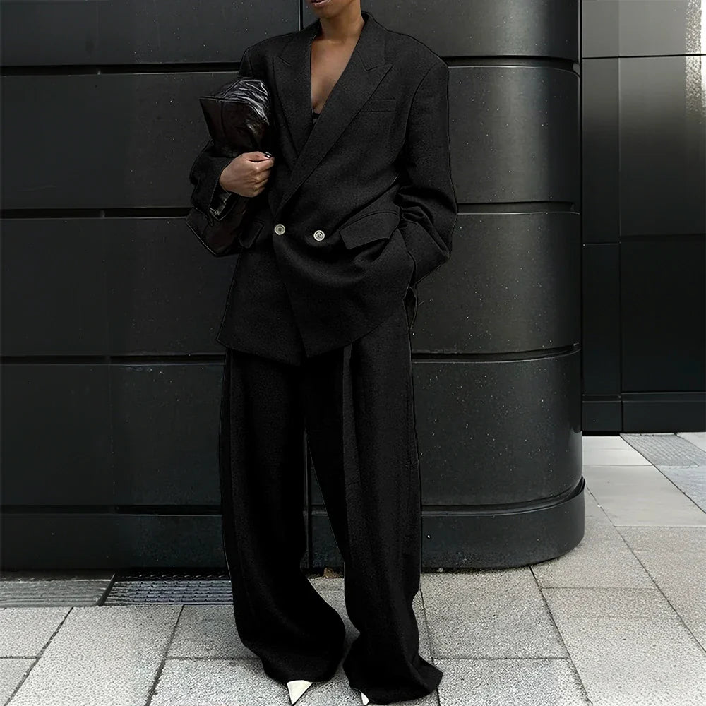 Gray Woolen Office Lady Suit Stretch-comfort Double-breasted Peak-lapel 2Pieces(Jacket+Pants) Casual Oversize Business Women Set