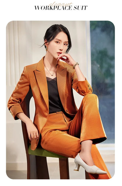 Office Ladies Formal Pant Suit 2 Piece Set Women Green Khaki Red Female Long Sleeve Business Work Wear Blazer Jacket And Trouser