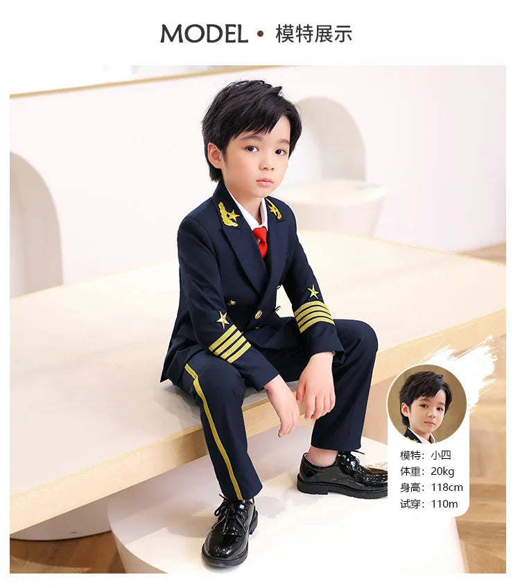 Flower Boys Pilot 3Pieces/Set Jacket Pants Tie Uniform Suit Kids Tuxedo Wedding Dress Children Birhtday Photograph Stage Costume