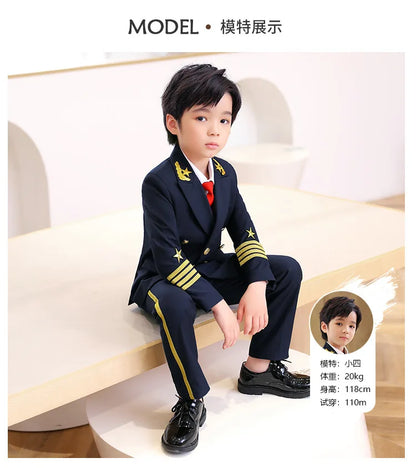 Flower Boys Pilot 3Pieces/Set Jacket Pants Tie Uniform Suit Kids Tuxedo Wedding Dress Children Birhtday Photograph Stage Costume