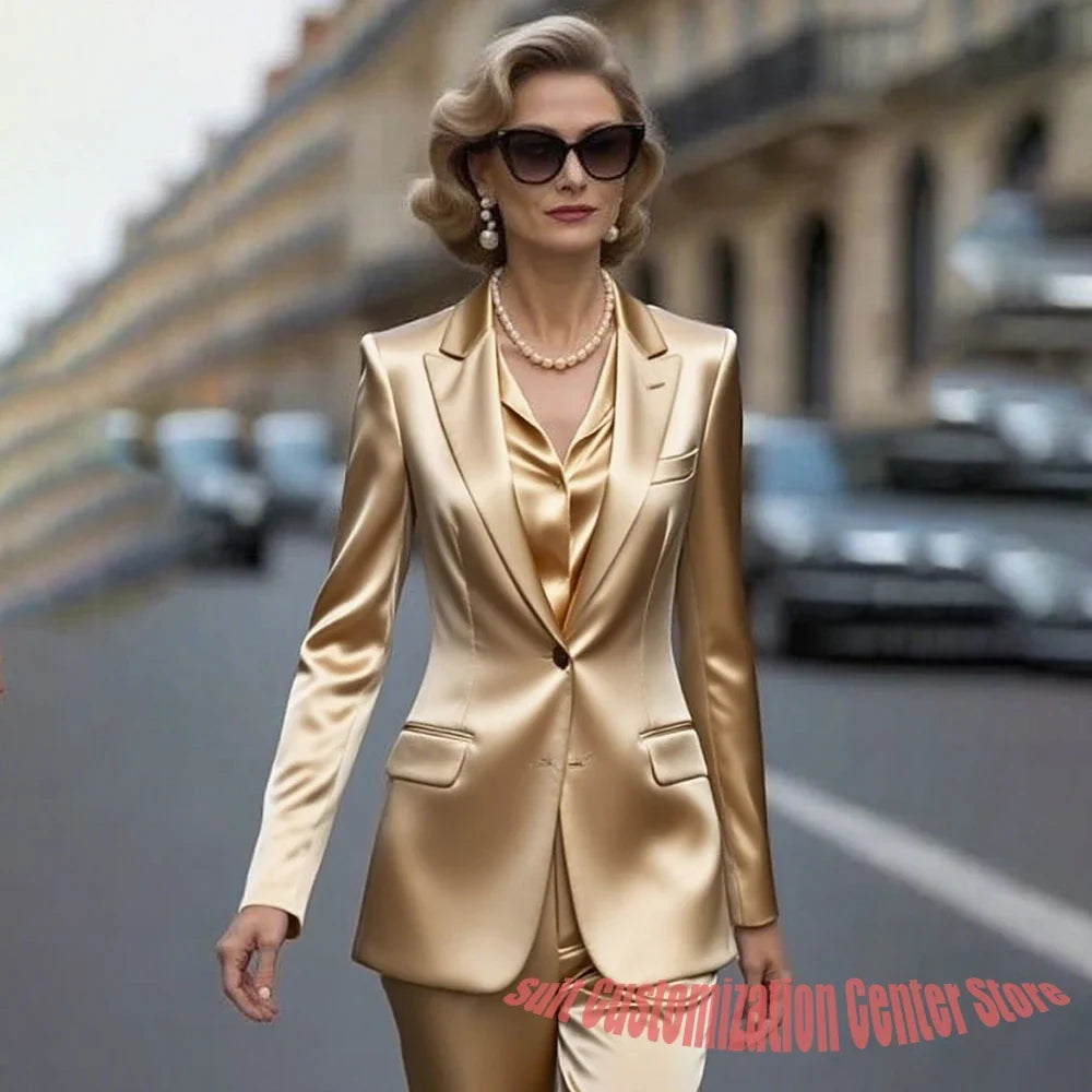 Women's Gold Satin Blazer Suit Set Stylish Single-Breasted Jacket+Pants Luxe Shiny Two-piece for Cocktail Party Wedding Guest