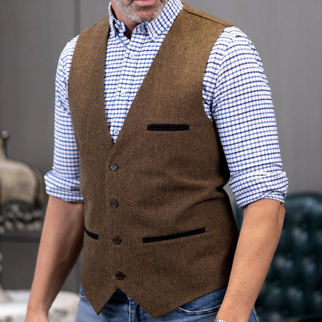 Men's Herringbone Tweed Vest Single Button V-Neck Waistcoat for Weddings and Formal Occasions