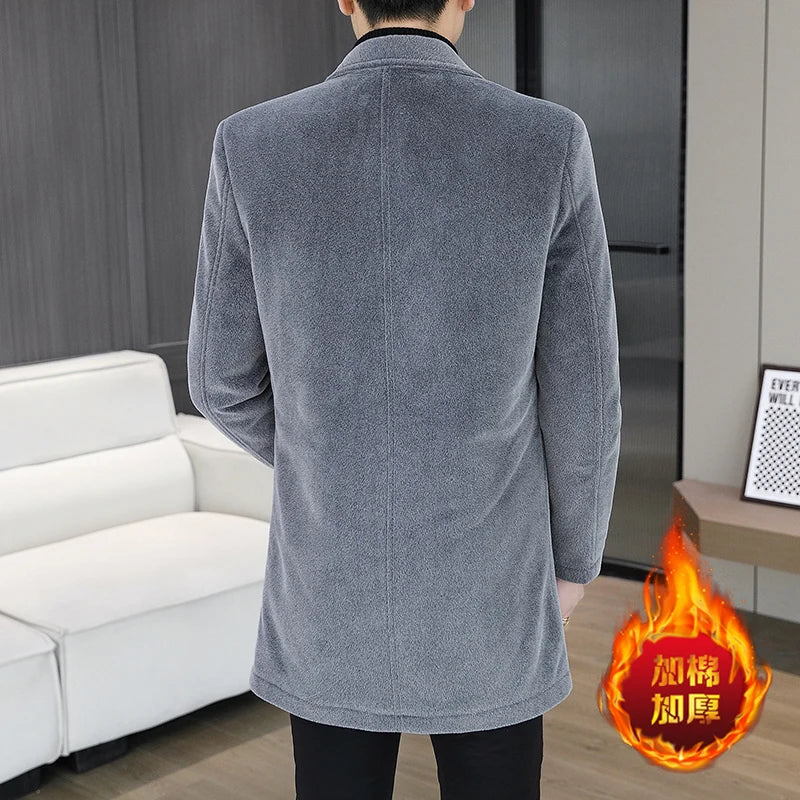 High-quality winter new style mid-length solid color men's fashionable and cool golden mink woolen trench coat with cotton