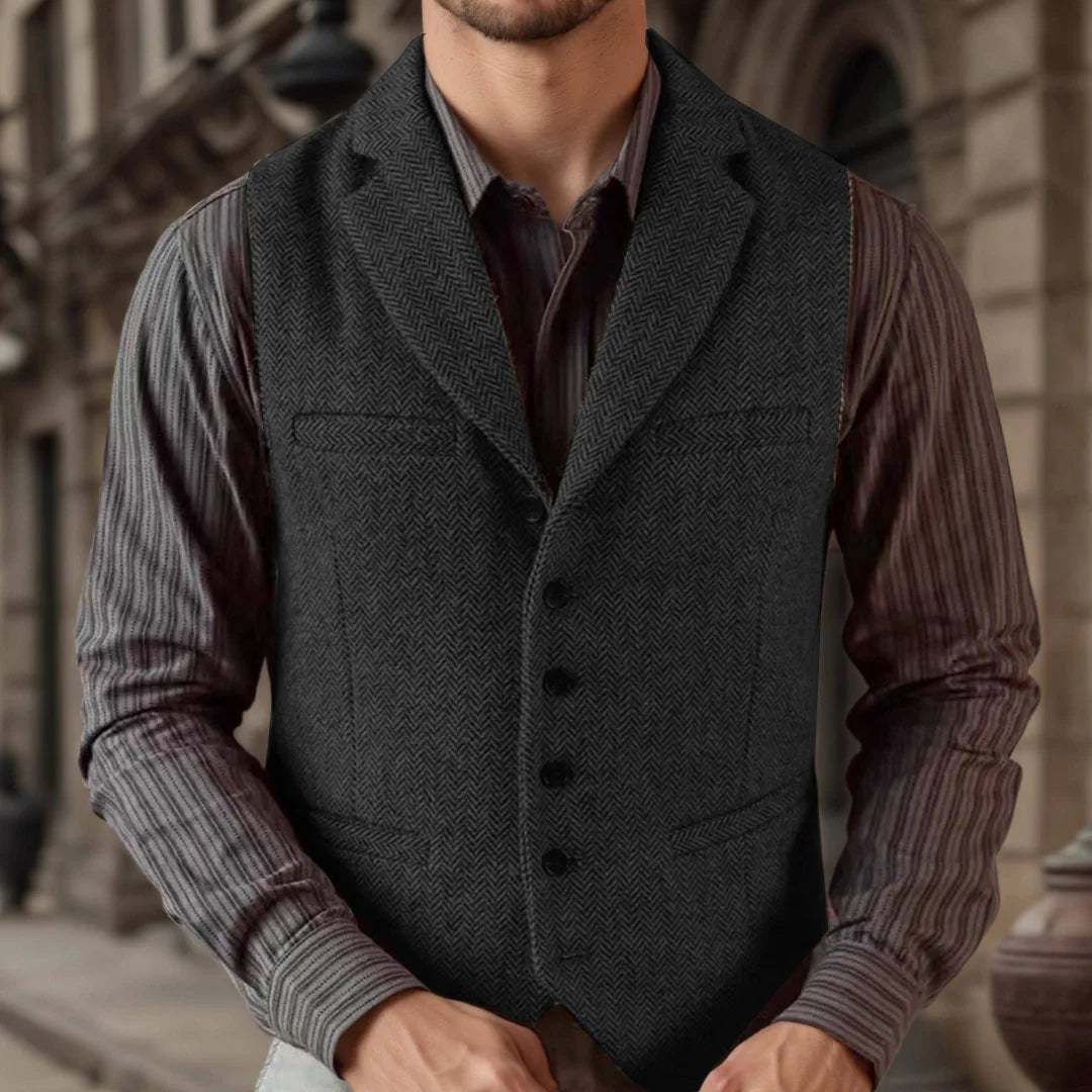 Men Vest Black Herringbone Single Breasted with Lapel for Wedding & Business Formal Occasions