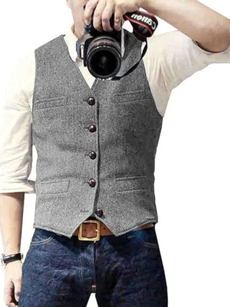 Men's Herringbone Vest – Single Breasted Formal Waistcoat for Business & Casual Wear