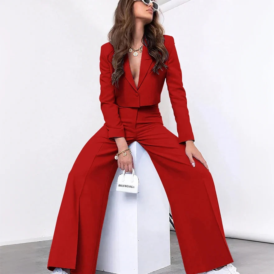 Single-grain Buckle Women Suit Two Pieces(Short Jacket+Pants) Peaked Lapel Office Lady for Business Daily Shopping Set Custom