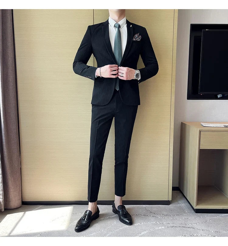 7XL 6XL(Jacket+Pant）Fashion Striped Men Slim Fit Suit Groom Wedding Tuxedo Formal Business Party Slim Fit Social Stage Costume