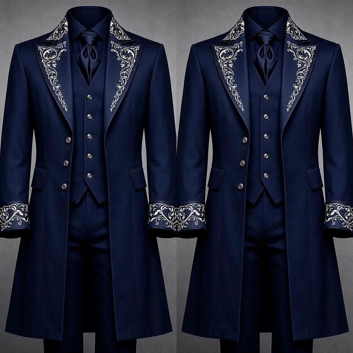 Vintage Court Men 3 Piece Suit White Embroidery Long Overcoat Formal Tuxedo Jacket Vest Pants Luxury Wedding Evening Customized