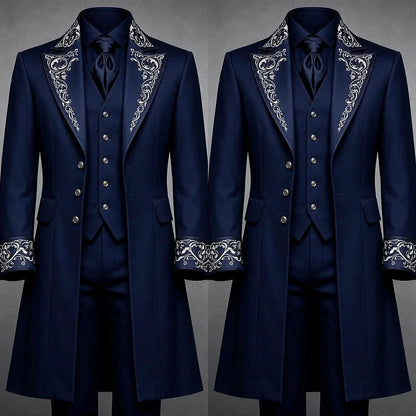 Vintage Court Men 3 Piece Suit White Embroidery Long Overcoat Formal Tuxedo Jacket Vest Pants Luxury Wedding Evening Customized