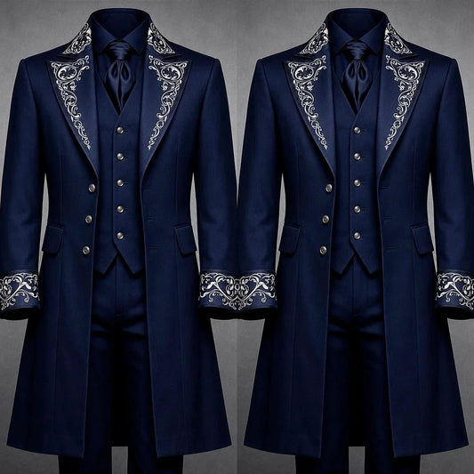 Vintage Court Men 3 Piece Suit White Embroidery Long Overcoat Formal Tuxedo Jacket Vest Pants Luxury Wedding Evening Customized