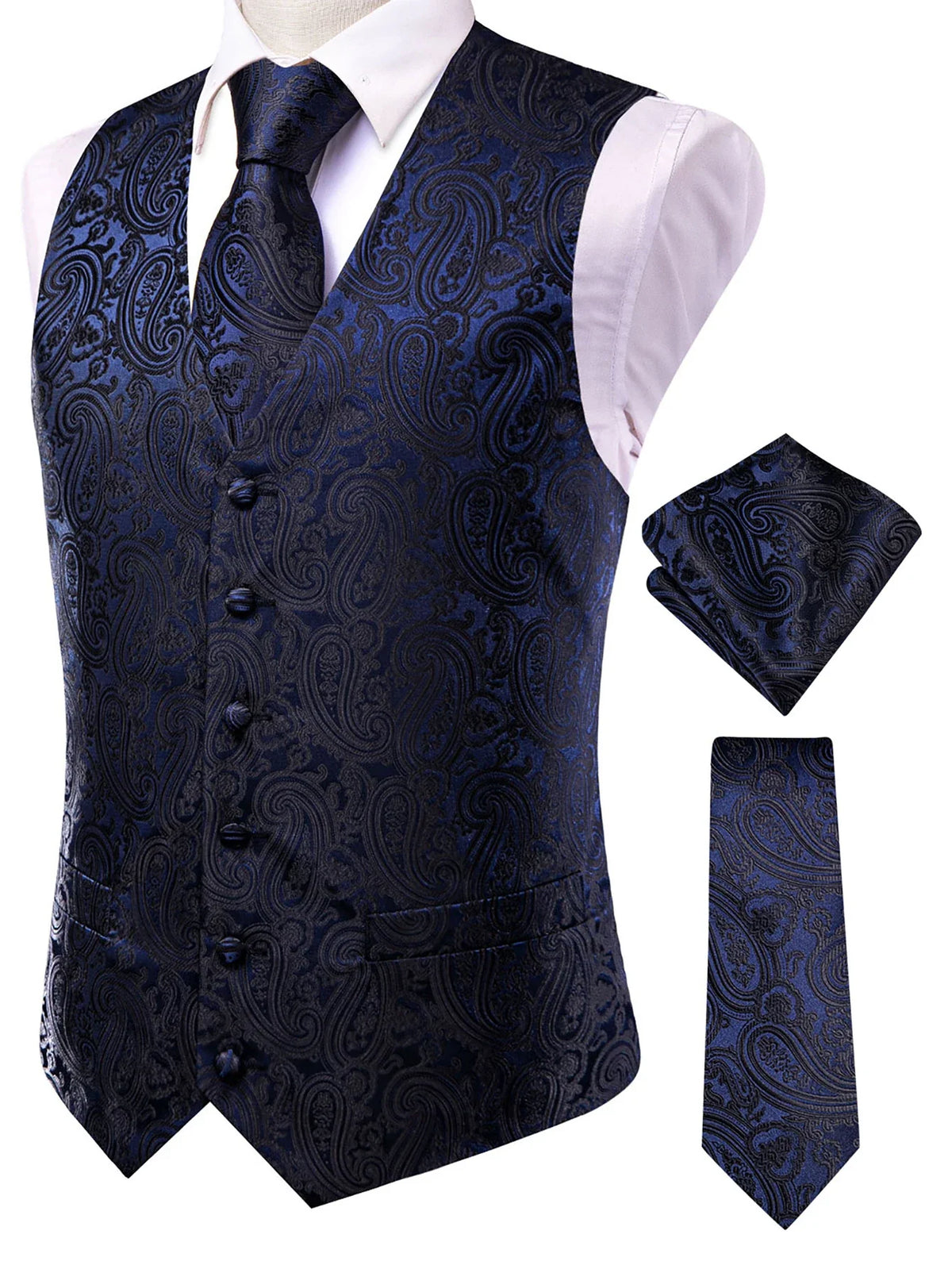 Men's Jacquard Vest 3-Piece Set – Satin Formal Waistcoat with Tie & Pocket Square for Weddings